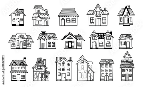 House home doodle buildings and cottages, cute residential architecture with facade, windows, doors, roofs, chimneys and balconies, hand drawn black and white vector set of homes and villas