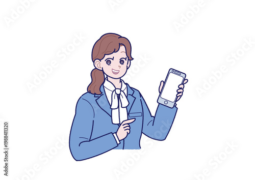 スマートフォンを持ったスーツ姿の若い女性のイラスト