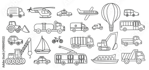 Transport doodle vector set with car, truck, van, bus, taxi, police, ambulance, helicopter, airplane, balloon, bicycle, scooter, boat and construction vehicles outline icons