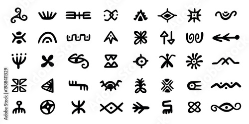 African tribal symbols and glyphs, ethnic folk marks with eye, arrow, flower and spiral motifs, black hand drawn mystical signs, primitive ornamental vector icon collection