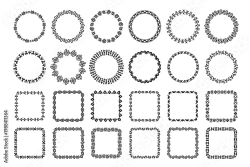 African tribal frames and wreath borders, ethnic circular and square ornamental vector collection with geometric motifs, hand drawn black decorative frames and labels