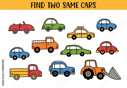 Find two same cars worksheet for preschool kids, colorful vehicle matching game with taxi, pickup, tractor and cartoon cars, educational transport puzzle for children