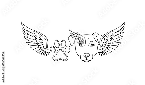 Dog angel wings line art pet memorial vector illustration