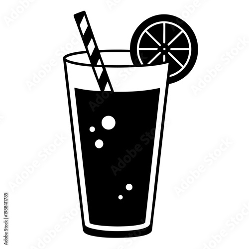 Black and white vector icon of a tall glass containing a dark beverage with a striped straw and a citrus slice garnish on the rim.