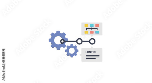Gears and flowchart representing a process or workflow with a text box labeled 'LOST IN'