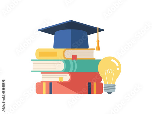 Educational stack of books with graduation cap and light bulb representing creative ideas.