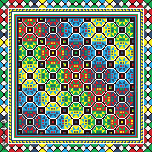 Colorful geometric pixel art pattern with vibrant ethnic cross-stitch motifs and traditional folk embroidery design.

