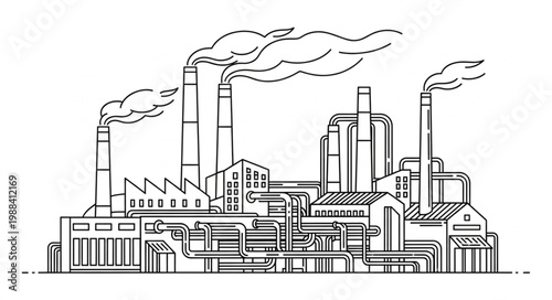 Industrial Factory Building with Smoke Stacks Emitting Smoke.