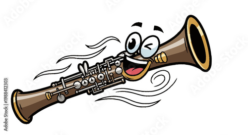Cartoon clarinet character with smiling face musical instrument concept