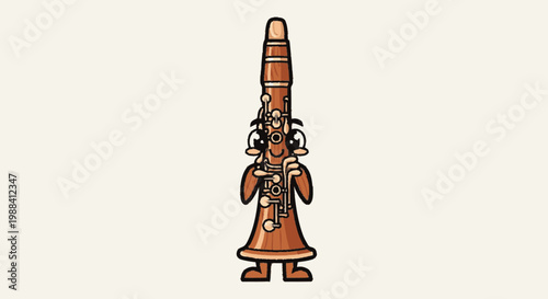 Cartoon clarinet illustration with friendly expression and musical theme