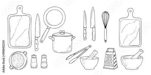 Hand drawn kitchen utensils and tools in line style on white background, concept of cooking essentials and culinary preparation