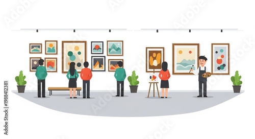 People admiring artwork in a modern art gallery exhibition.
