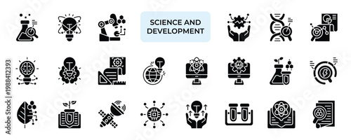 Science and Development Icon set Collection in Solid Glyph Style. research, innovation, laboratory, technology, growth, chemical