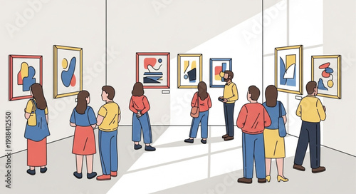 People Admiring Artworks in a Modern Art Gallery Exhibition.