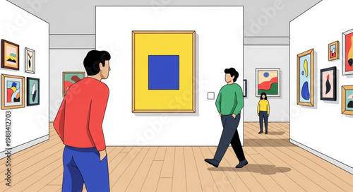 People admiring modern abstract art in a bright gallery exhibition.