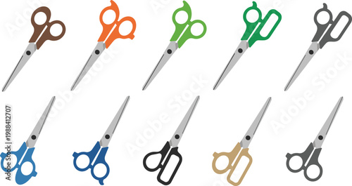 Set of Colorful Scissors Illustrations Featuring Various Handle Styles and Professional Cutting Tools for Hair Salon Tailoring Office and Stationery Graphic Designs