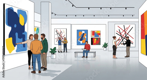 People admiring modern abstract art paintings in a bright contemporary art gallery exhibition.