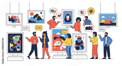 People admiring modern art exhibition in a gallery.