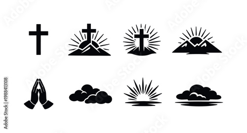 Spiritual Sunrise Cross. Filled icon set of Spiritual Sunrise Cross: christian cross, rising sun, radiant