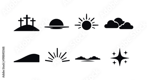 Crucifixion Hill Sunset. Filled icon set of Crucifixion Hill Sunset: three crosses, sunset horizon, sun disk,