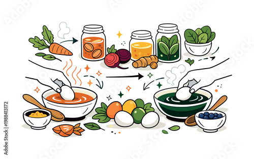 Natural Easter egg dyeing scene. Hands place eggs into colored liquid made from vegetables and plants, with