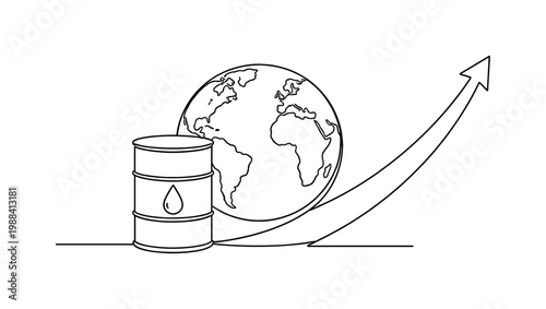 "Global Oil Price Growth". Minimalistic one-line drawing oil barrel with a globe outline and rising arrow