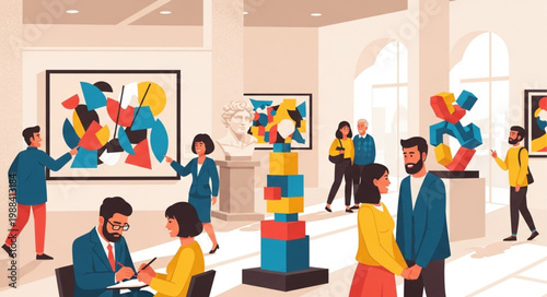 People admiring modern art paintings and sculptures in a bright gallery.