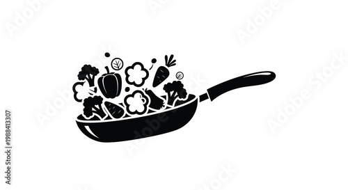 A black silhouette depicts a frying pan overflowing with various fresh vegetables and produce high quality