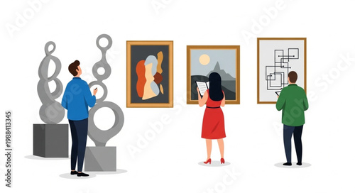 People admiring modern art paintings and sculptures in a gallery.