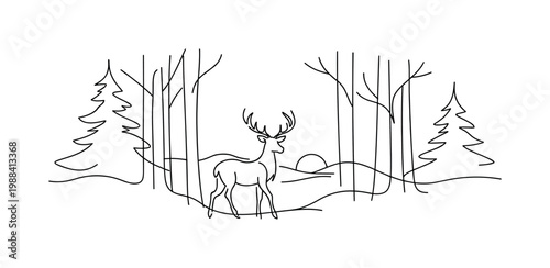"Forest Dawn Serenity". Minimalistic one-line drawing elegant deer among tall trees in a tranquil misty forest
