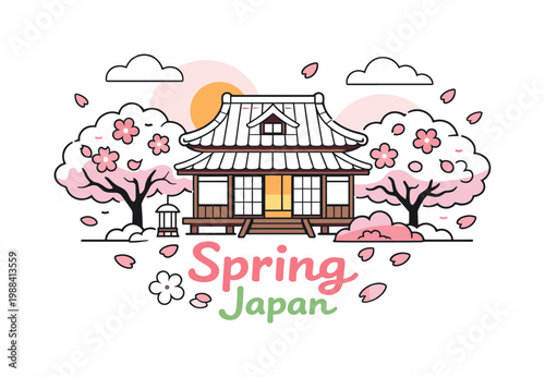 Sakura and traditional house. A Japanese house with sliding doors and tiled roof surrounded by blooming cherry