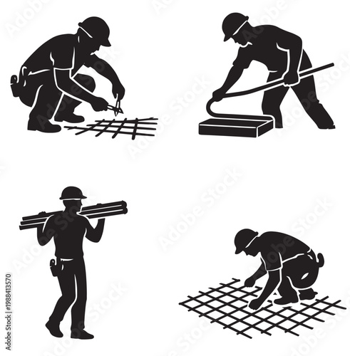 Silhouette construction workers crouching cutting rebar smoothing concrete carrying beams and kneeling to secure grids in building tasks