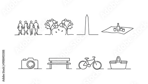 "Spring Festival Crowd in Washington DC Park". Minimalistic set one-line drawing crowd of people walking,