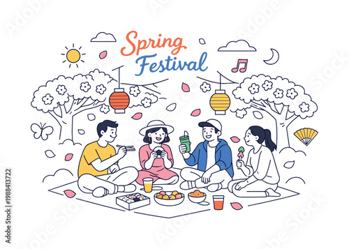 Hanami celebration. Friends sitting under sakura trees with hanging lanterns, sharing food and enjoying spring