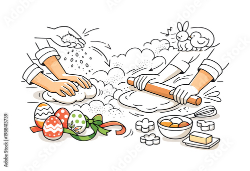 Festive Easter kitchen flour dust scene. Multiple hands work with dough as a gentle cloud of flour spreads