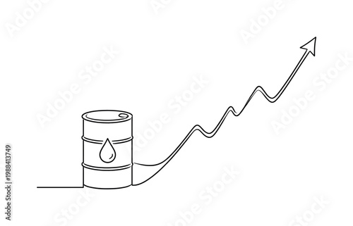 "Rising Oil Market Trend". Minimalistic one-line drawing oil barrel connected to a line graph trending upward,