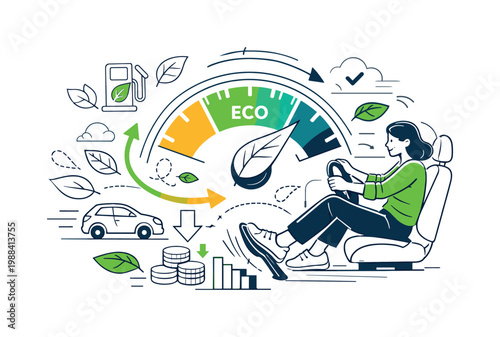 Fuel-efficient driving habits. A person gently presses the accelerator while a speedometer shows optimal range