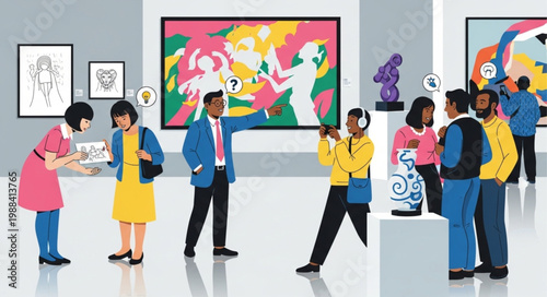 People admire modern art in a brightly lit museum gallery exhibition.