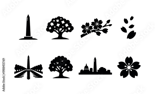 Washington Monument Sakura. Filled icon set of Washington Monument Sakura: washington monument, sakura tree,