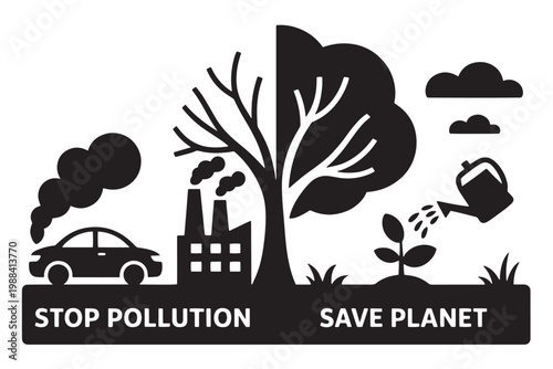 Save planet concept with polluted industrial landscape contrasted with a green growing garden.