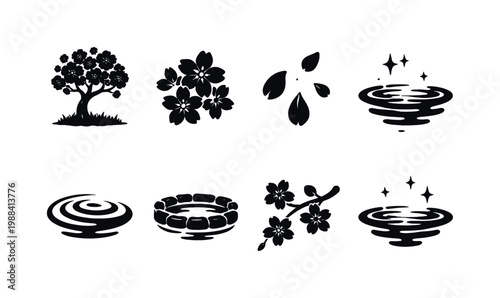 Spring Basin Reflections. Filled icon set of Spring Basin Reflections: blossom tree, cherry flowers, falling