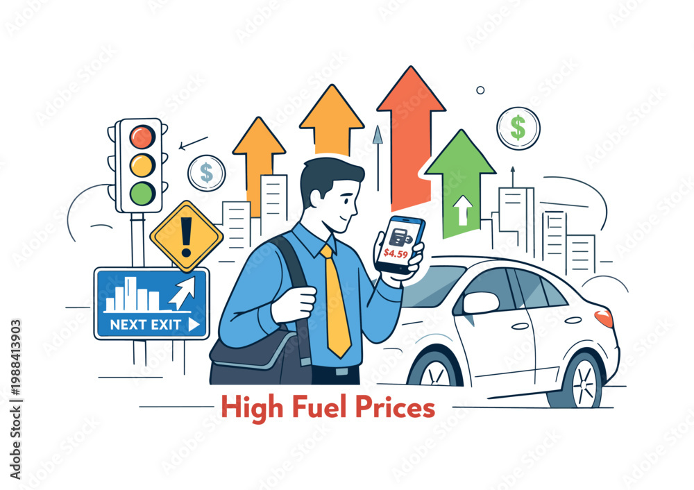 Naklejka premium Expensive daily commute. A person checking fuel prices on a phone while standing next to a car, with city