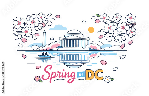 Cherry blossoms around Tidal Basin Washington DC. Blooming sakura trees framing the Tidal Basin with the