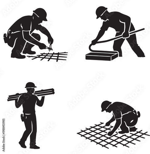 Silhouette construction workers kneeling tying rebar leveling surfaces carrying rods and arranging grids showing building labor tasks