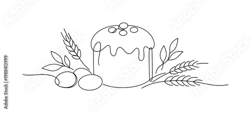"Organic Easter Bread Concept". Minimalistic one-line drawing traditional Easter bread surrounded by natural