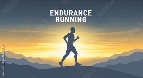 Silhouette Of Marathon Runner On Grassy Hill Against Sunset Sky View Scene