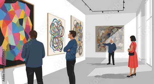 People admire modern art paintings in a bright contemporary art gallery exhibition.