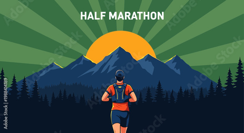 Silhouette Of Marathon Runner With Backpack Approaching a Serene Mountain Sunrise View