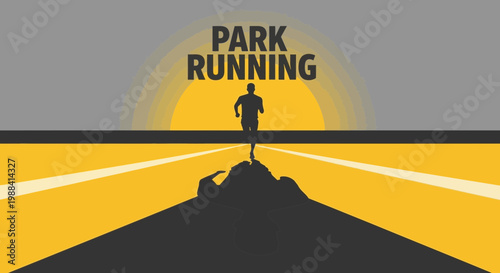 Silhouette Of Person Jogging On Roadway Towards The Sunrise Representing Park Running Concept