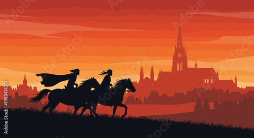 Silhouette Of Riders Galloping Across An Orange Sky In Front of Gothic City